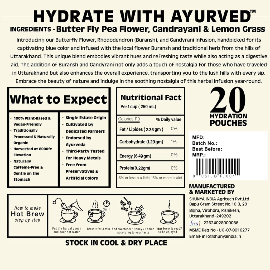 Shunya India® Butterfly Pea/Blue Pea Tea Tisane (20 Tea Bags, 3g Each) - Herbal Infusion Tea Tisane Natural Antioxidant, Support Immunity, Caffeine Free